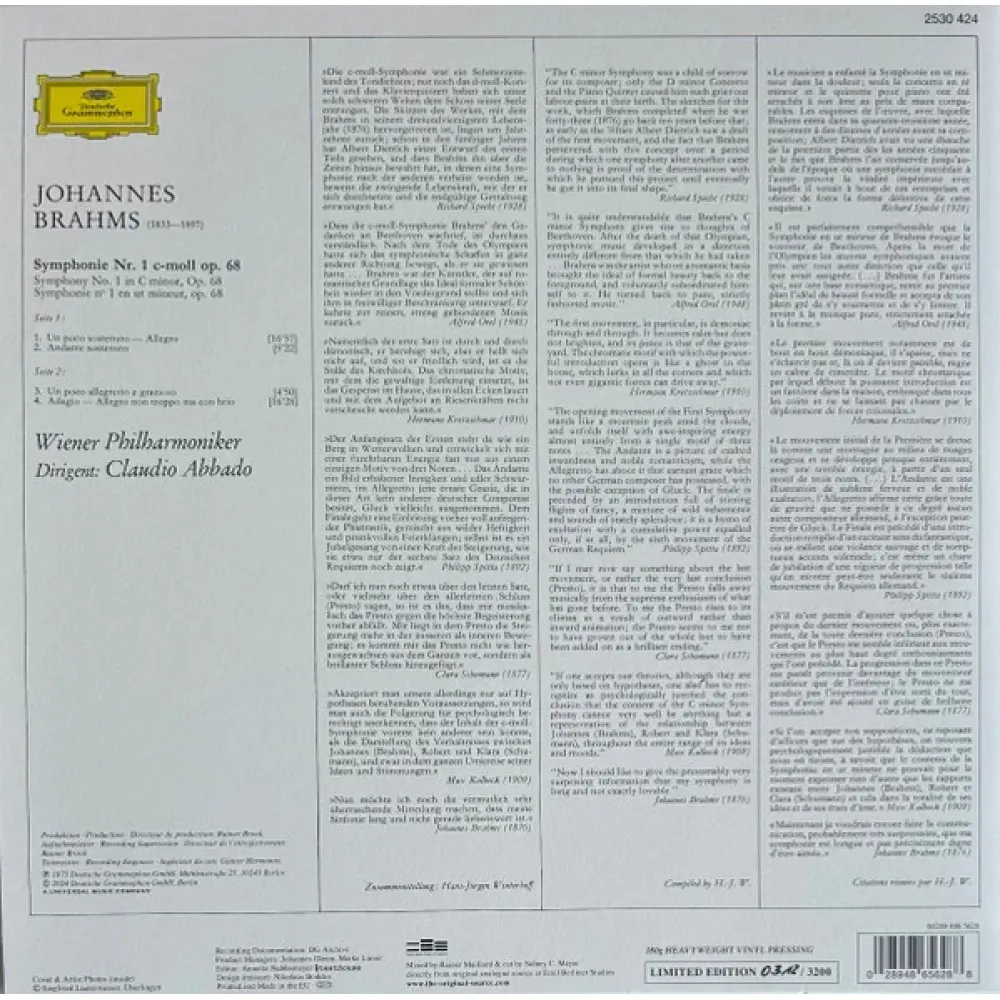 Johannes Brahms, Wiener Philharmoniker, Claudio Abbado – Symphonie Nr. 1 LP