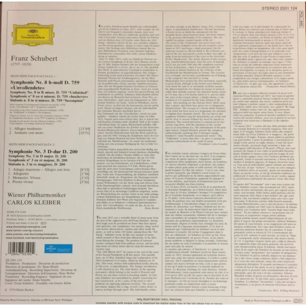 Franz Schubert, Wiener Philharmoniker, Carlos Kleiber – Symphonien No.8 - Unvollendete - No.3 - LP