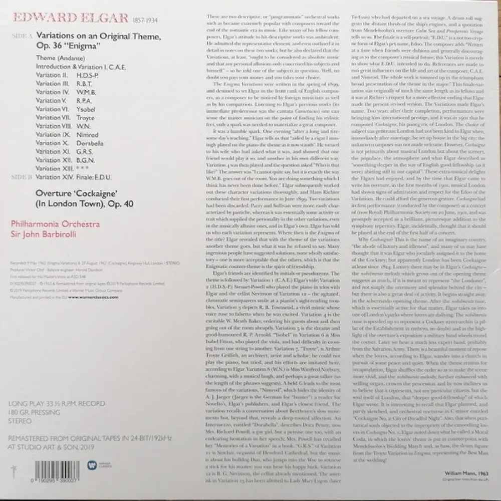 Edward Elgar, Sir John Barbirolli, Philharmonia Orchestra – Enigma Variations, "Cockaigne" Ouverture LP